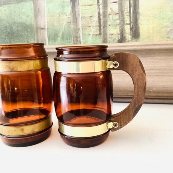 2 Vintage Siesta Ware Amber Glass Wood Handle Collectible Coffee Mug, Beer 12 oz - Picture 2 of 8